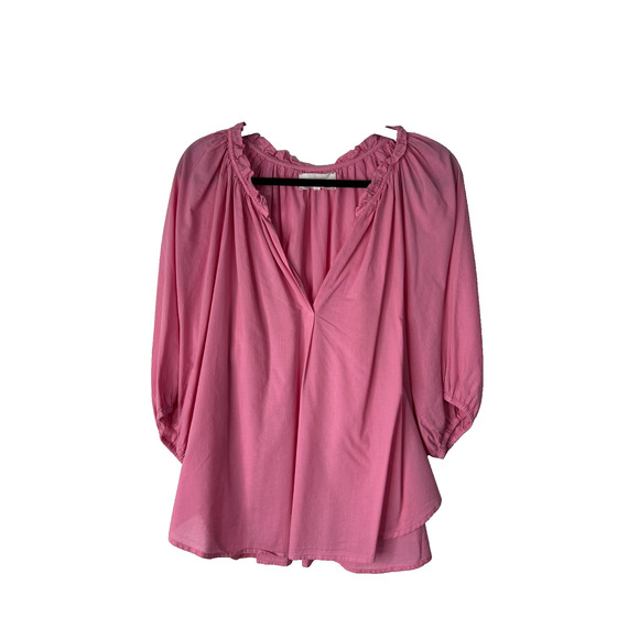 Xirena Jules Cotton Poplin Top Size Large Pink Short Puff Sleeve Ruffle Blouse - Picture 2 of 9